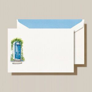 NIB SET 10 Crane Engraved Blue Door Correspondence Card Pearl White CC32403